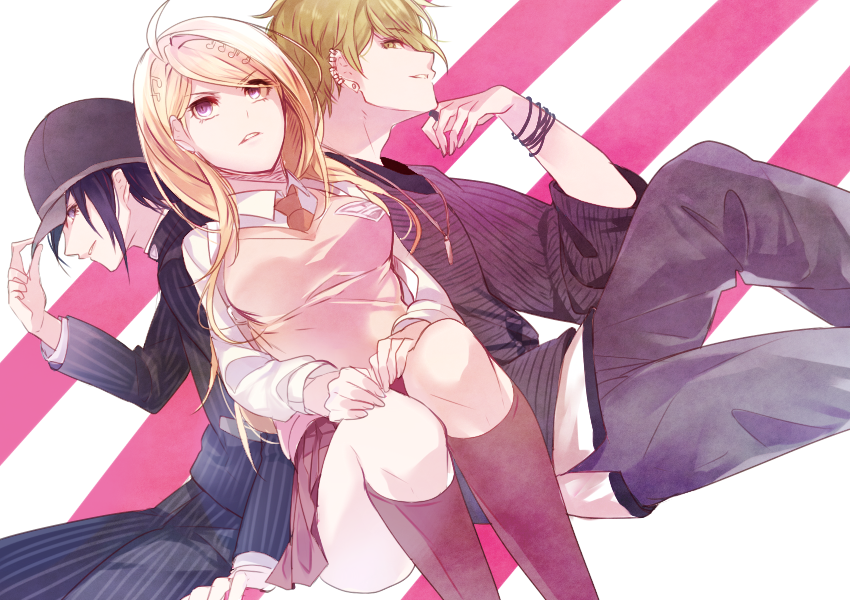 1girl, 2boys, ahoge, akamatsu_kaede, amami_rantarou, bangs, baseball_cap, black_hair