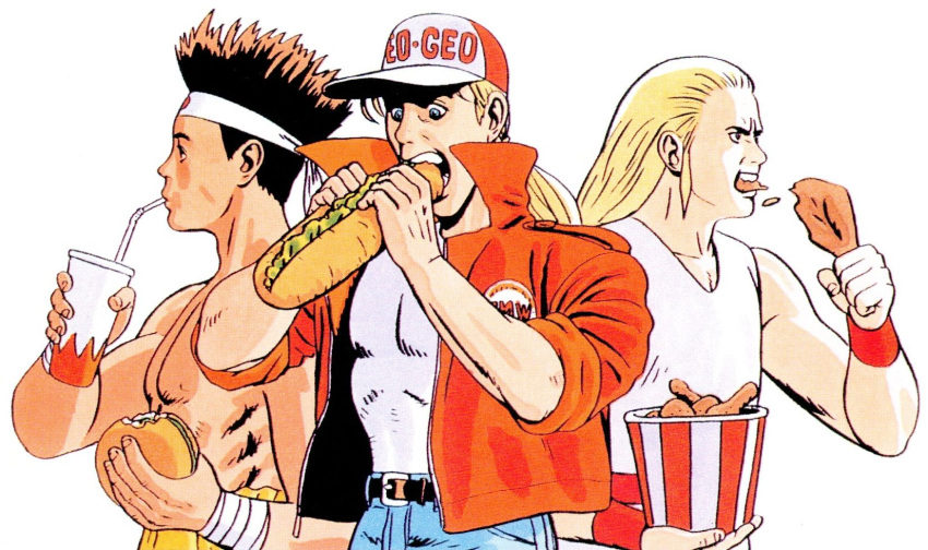 3boys, andy_bogard, baseball_cap, black_hair, blonde_hair, bucket_of_chicken, chicken_(food), drink