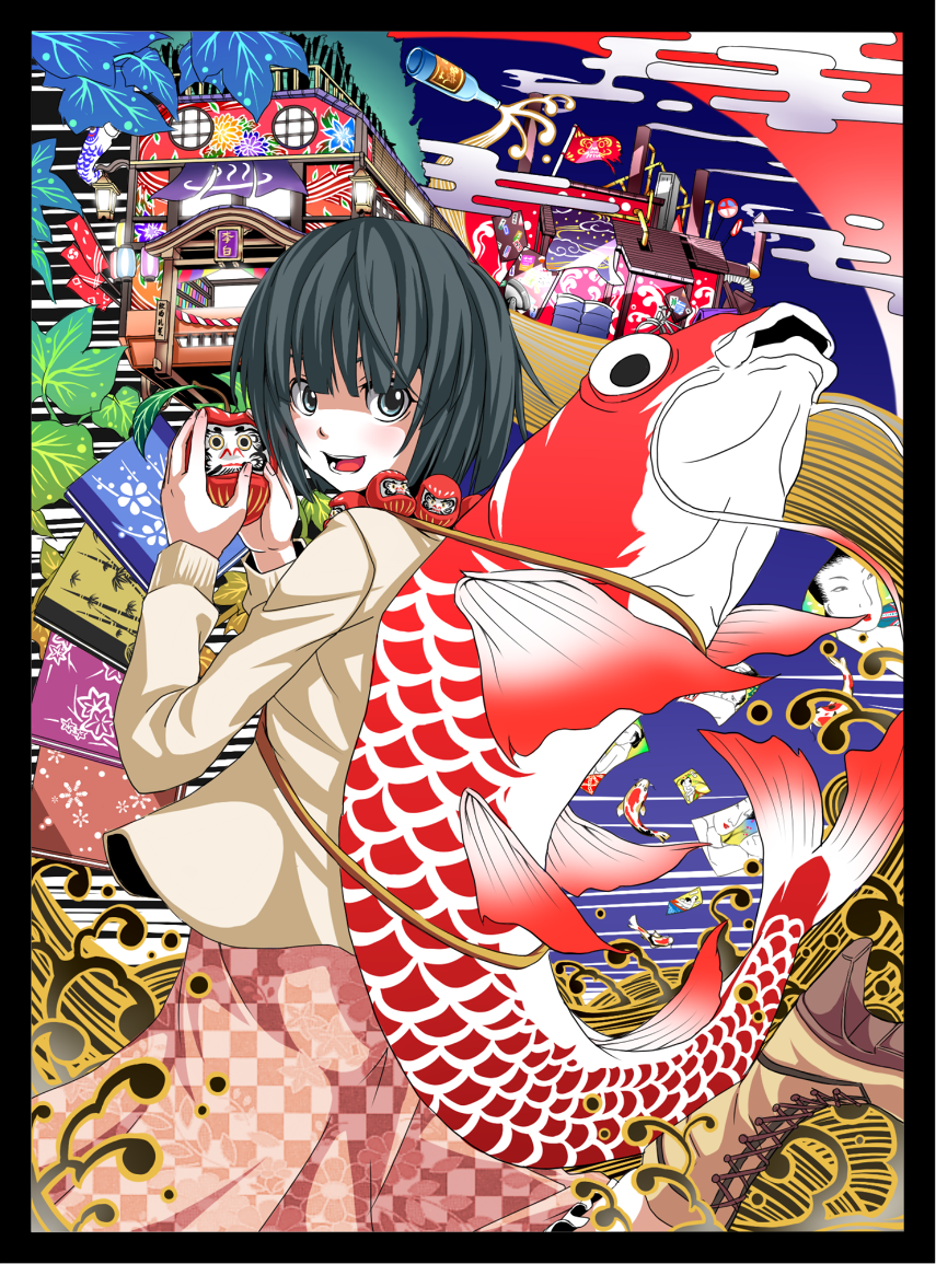bottle, carp, festival, fish, flag, road_sign, saya_(sayamendo), short_hair