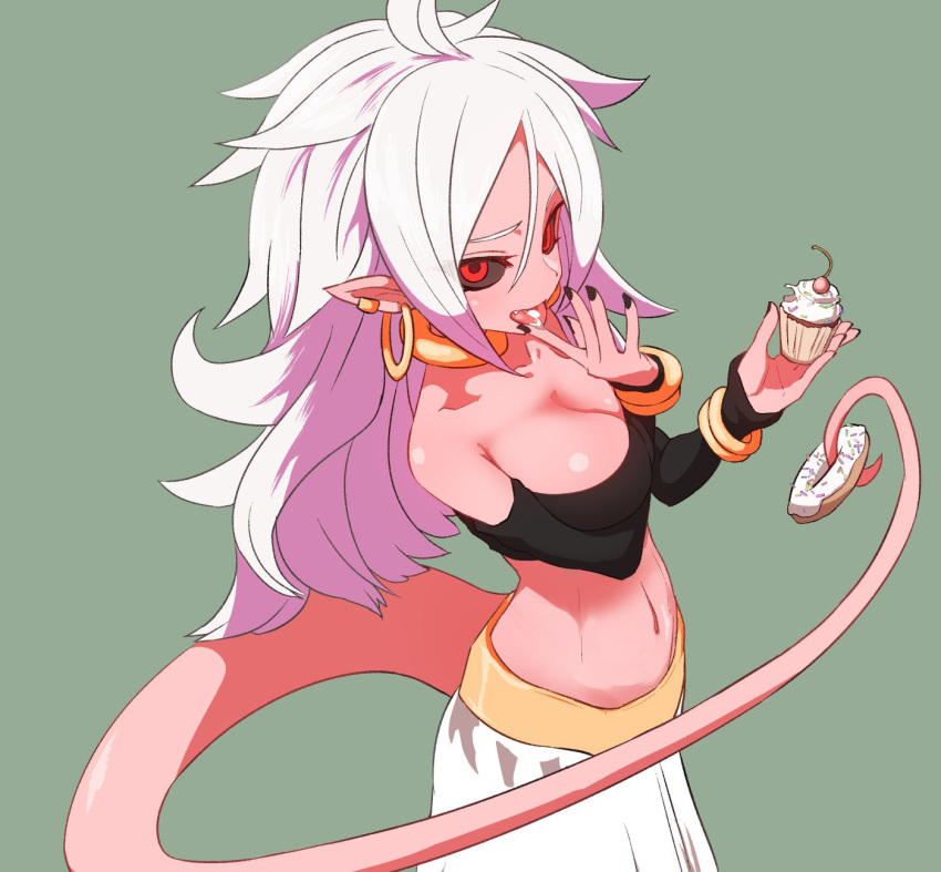 android_21, black_sclera, breasts, cleavage, cupcake, detached_sleeves, dragon_ball, dragon_ball_fighterz, eating, food, highres, long_hair, majin_android_21, monster_girl, pink_skin, pointy_ears, red_eyes, strapless, sumiyao_(amam), tail, tubetop, white_hair