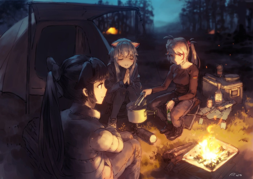 3girls, animal_ears, azur_lane, black_hair, bonfire, camping, commentary_request, contemporary, cooking, fire, forest, hyuuga_(azur_lane), long_hair, multiple_girls, nature, night, ponytail, prinz_eugen_(azur_lane), rias-coast, silver_hair, sitting, takao_(azur_lane), tent, two_side_up