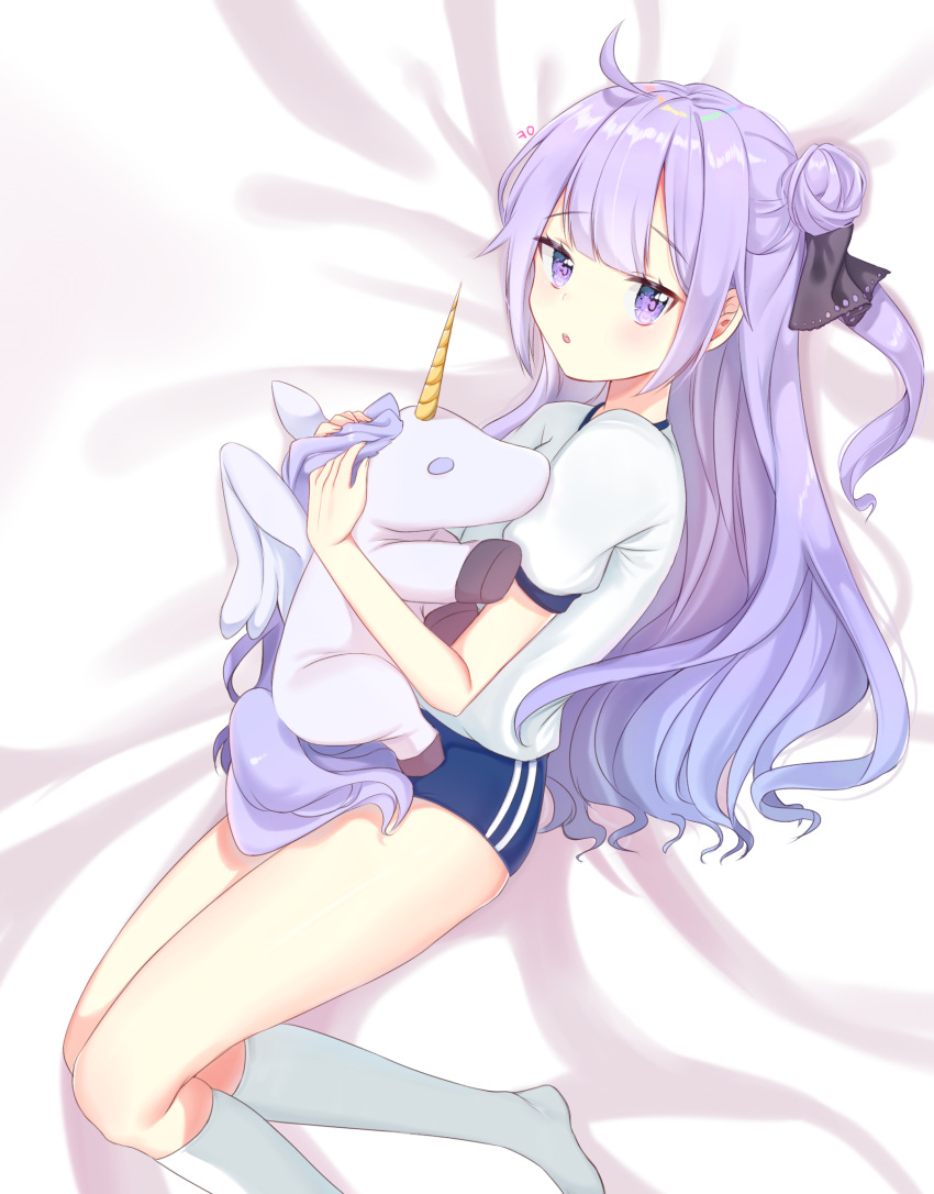 1girl, ahoge, azur_lane, bed_sheet, buruma, doll_hug, gym_shirt, hair_bun