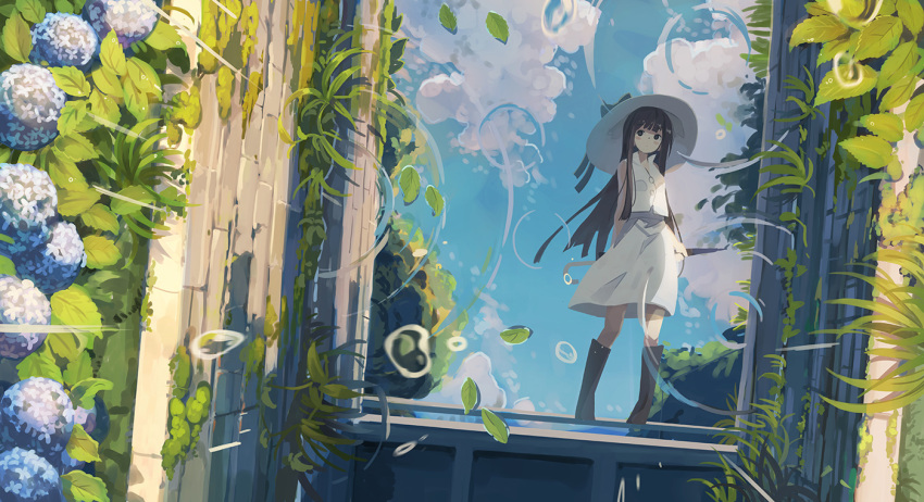 1girl, black_eyes, black_hair, black_legwear, blue_sky, boots, closed_mouth, clouds, commentary_request, day, flower, grass, gravity, hat, huanxiang_huifeng, leaf, looking_at_viewer, original, outdoors, pigeon-toed, reflection, ripples, river, scenery, skirt, sky, solo, standing, vest, water_drop, water_surface, white_hat, white_skirt, white_vest, witch, witch_hat