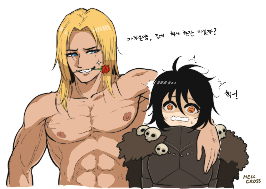 1boy, 1girl, abs, al_bhed_eyes, archaon_the_everchosen, arm_on_shoulder, armor, artist_name