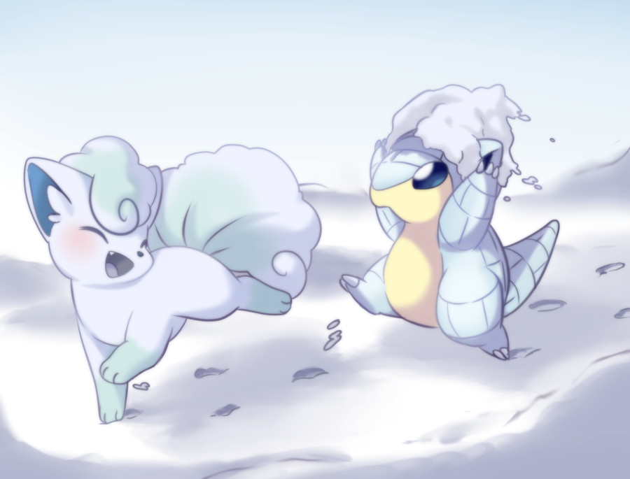 :d, alolan_sandshrew, alolan_vulpix, closed_eyes, looking_at_another, no_humans, open_mouth, outdoors