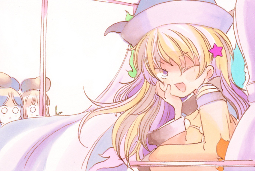 3girls, blonde_hair, commentary_request, constellation_print, curtains, hat, highres, long_hair