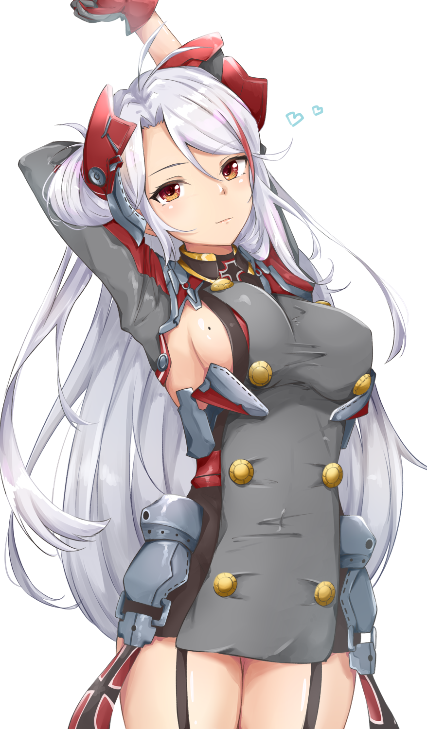 1girl, arm_up, armpits, azur_lane, breasts, brown_eyes, commentary_request, garter_straps