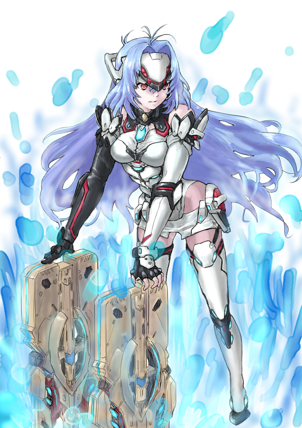 1girl, android, bare_shoulders, blue_hair, breasts, elbow_gloves, expressionless, forehead_protector