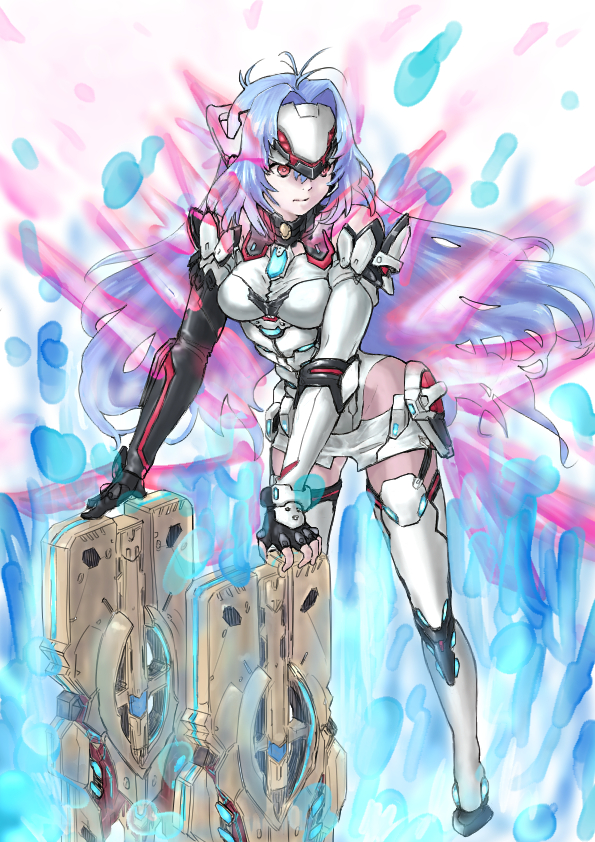 1girl, android, bare_shoulders, blue_hair, breasts, elbow_gloves, expressionless, forehead_protector