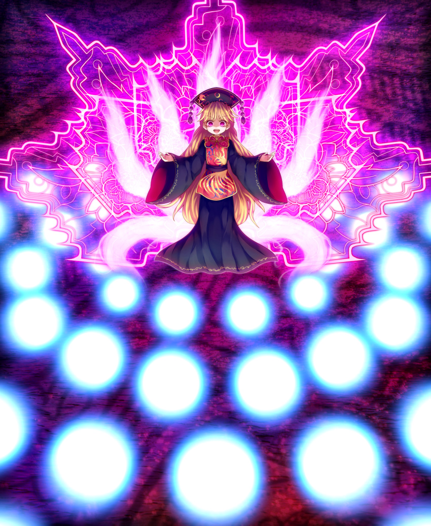 1girl, :d, absurdres, bangs, beads, black_dress, black_hat, blonde_hair