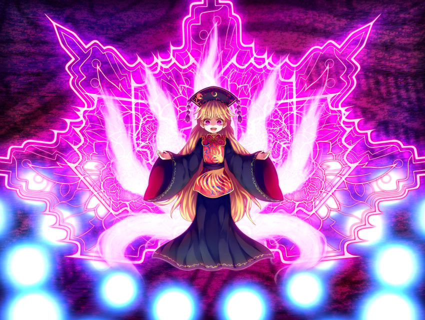 1girl, :d, bangs, beads, black_dress, black_hat, blonde_hair, chinese_clothes