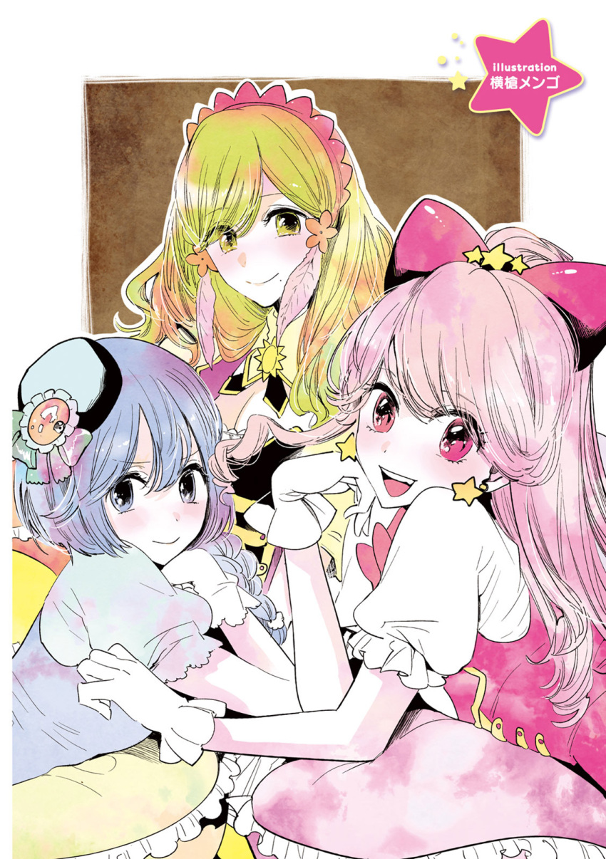 3girls, artist_name, blue_eyes, blue_hair, bow, earrings, gloves, green_hair