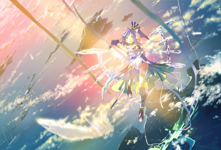 1girl, above_clouds, armpits, blue_dress, blue_footwear, blue_gloves, blue_hair, boots