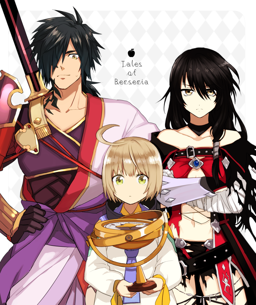 1girl, 2boys, ahoge, bandage, bandaged_arm, black_hair, blonde_hair, blush