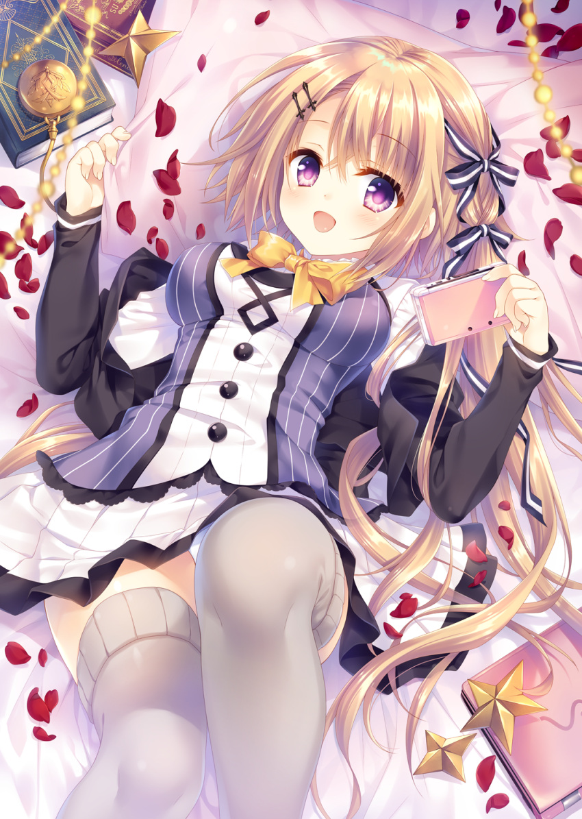 1girl, :d, asymmetrical_hair, black_ribbon, blonde_hair, bow, bowtie, hair_ornament, hair_ribbon, highres, holding, looking_at_viewer, lying, miniskirt, on_back, oogaki_hinata, open_mouth, otome_domain, panties, pantyshot, pleated_skirt, ribbon, side_ponytail, skirt, smile, solo, tatekawa_mako, thigh-highs, underwear, violet_eyes, yellow_bow, yellow_neckwear, zettai_ryouiki
