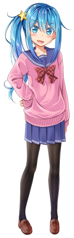 1girl, bangs, black_legwear, blue_eyes, blue_hair, blue_skirt, blush, brown_footwear, cardigan, commentary_request, eyebrows_visible_through_hair, full_body, gurande_(g-size), hair_between_eyes, hand_on_hip, loafers, long_hair, long_sleeves, looking_at_viewer, ooashi_ran, original, pantyhose, pink_cardigan, pleated_skirt, school_uniform, serafuku, shoes, side_ponytail, sidelocks, simple_background, skirt, sleeves_past_wrists, solo, standing, white_background