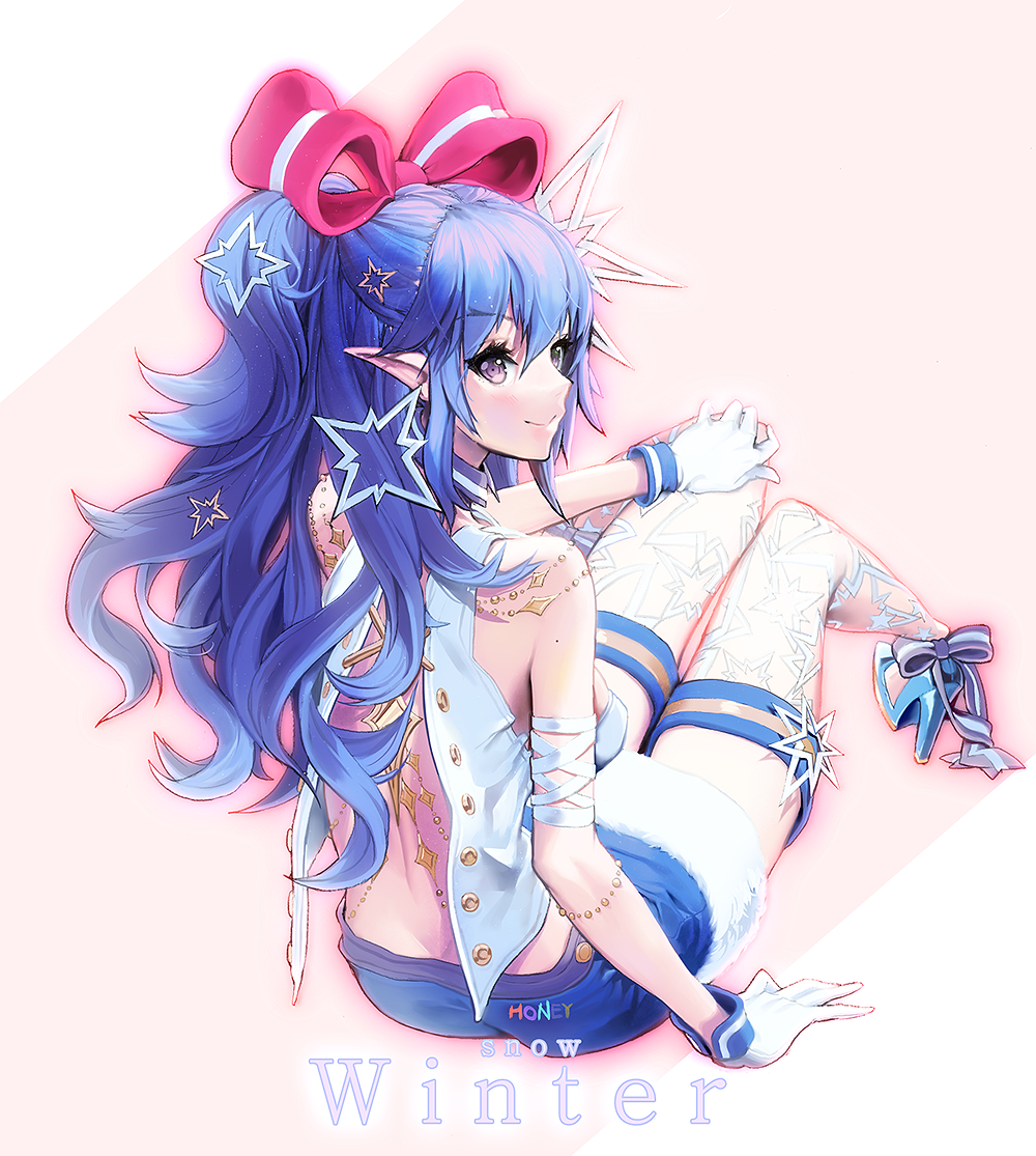 1girl, artist_name, bare_shoulders, bent_knees, blue_footwear, blue_hair, blue_shorts, bow, cross-laced_clothes, earrings, from_behind, fur_trim, gloves, hair_bow, hair_ornament, half_updo, high_heels, honey_(ssutyx), jewelry, long_hair, looking_to_the_side, original, pigeon-toed, pointy_ears, shorts, sitting, sleeveless, thigh-highs, violet_eyes, white_gloves, white_legwear