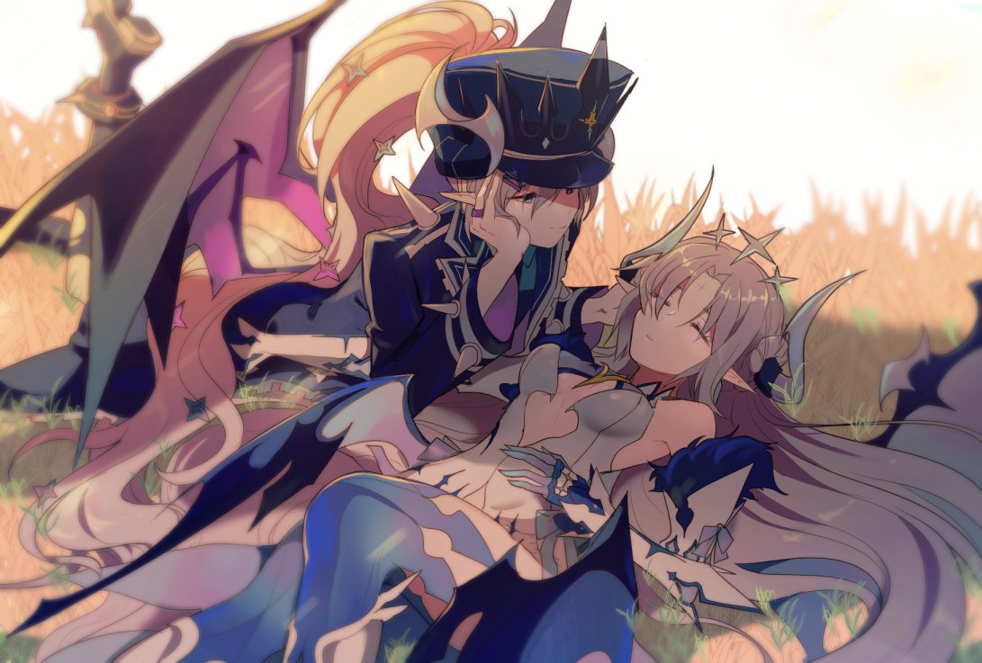 2girls, blue_eyes, blurry, boots, breasts, cleavage, closed_eyes, demon_girl, demon_wings, detached_sleeves, elsword, facial_mark, gloves, grass, hair_ornament, hairclip, hand_on_another's_head, horns, ishtar_(elsword), jacket, jewelry, long_hair, luciela_r._sourcream, mellchi, multiple_girls, multiple_persona, pointy_ears, ponytail, ring, sleeping, smile, timoria_(elsword), wings
