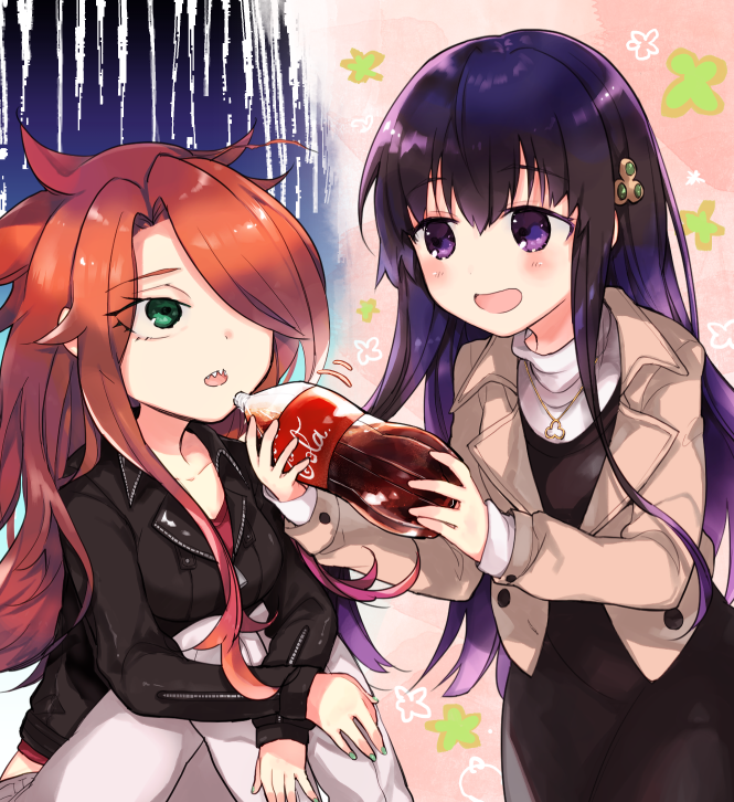 2girls, :o, bangs, black_dress, bottle, breasts, brown_hair, brown_jacket, character_request, cola, collar, collarbone, commentary_request, dress, eyebrows_visible_through_hair, fingernails, green_eyes, green_nails, grey_pants, hair_between_eyes, hair_ornament, hair_over_one_eye, holding, holding_bottle, jacket, jewelry, long_hair, long_sleeves, medium_breasts, multiple_girls, nail_polish, pants, parted_lips, pendant, purple_hair, red_shirt, ryuuou_no_oshigoto!, sanomi_yaha, sharp_teeth, shirt, sidelocks, teeth, very_long_hair, violet_eyes