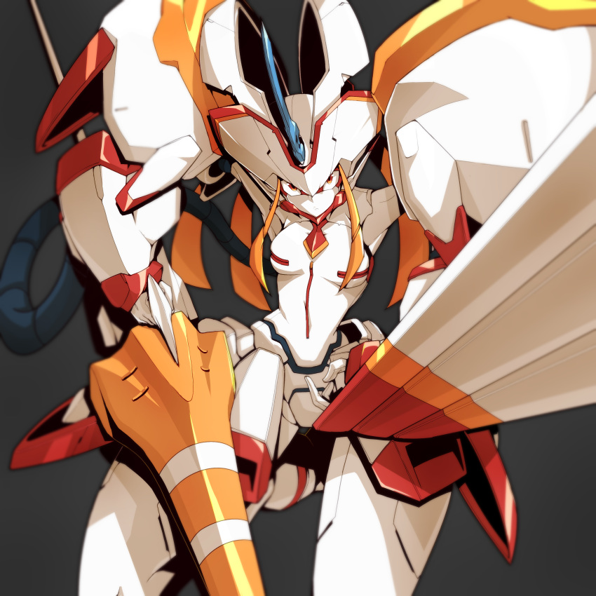 absurdres, closed_mouth, commentary, darling_in_the_franxx, frown, grey_background, highres, holding, holding_weapon, horn, humanoid_robot, lance, legs_apart, looking_at_viewer, mecha, no_humans, orange_eyes, park_bandi, polearm, robot, simple_background, solo, strelizia, weapon