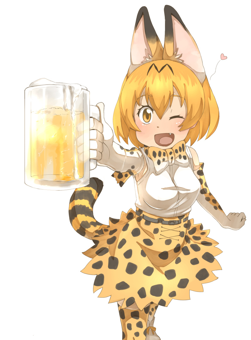 animal_ears, bare_shoulders, beer_mug, commentary_request, eyebrows_visible_through_hair, fang, gloves, heart