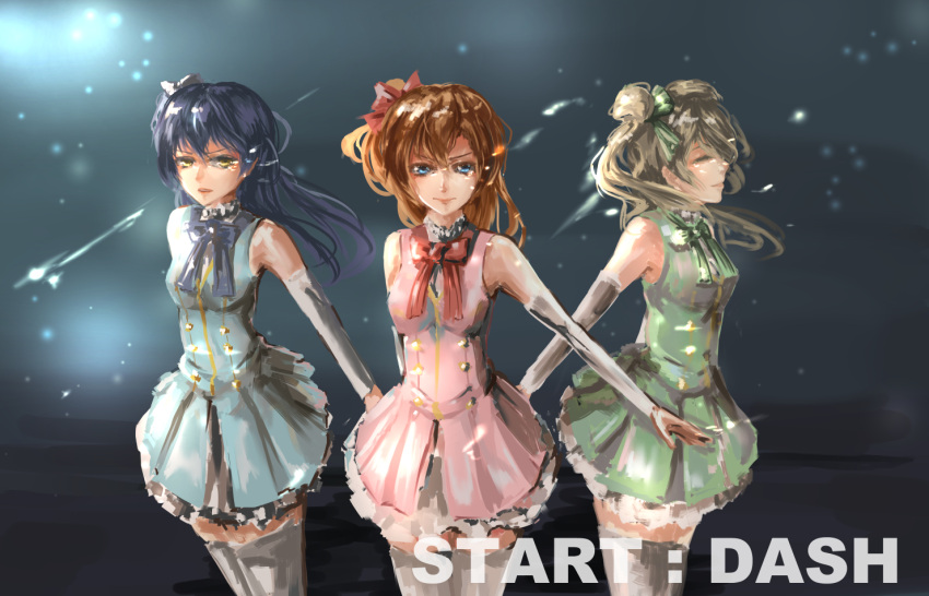 3girls, bangs, bare_shoulders, blue_eyes, blue_hair, bow, closed_eyes, commentary