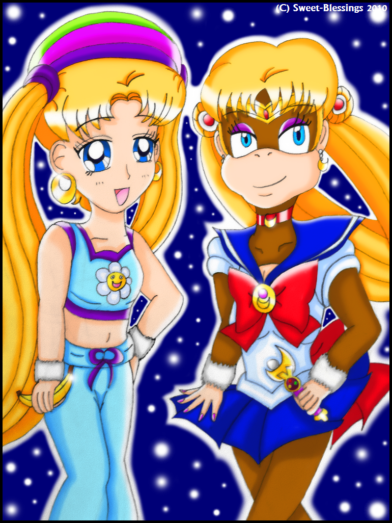 2girls, animal, banana, bishoujo_senshi_sailor_moon, crossover, deviantart, donkey_kong_(series), monkey