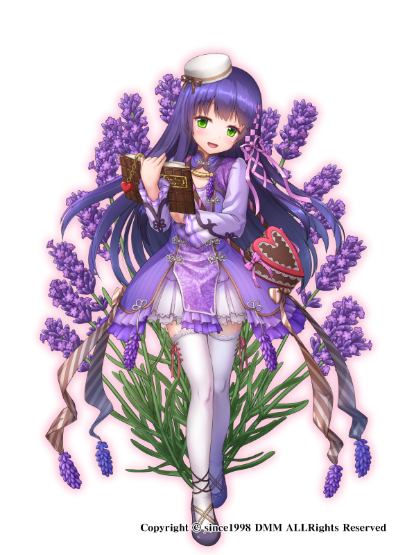 1girl, book, dress, flower, flower_knight_girl, green_eyes, hat, lavender_(flower)