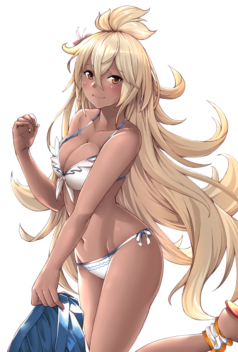 1girl, ankle_ribbon, ayase_tamaki, bare_arms, bare_shoulders, bikini, blonde_hair, blue_skirt
