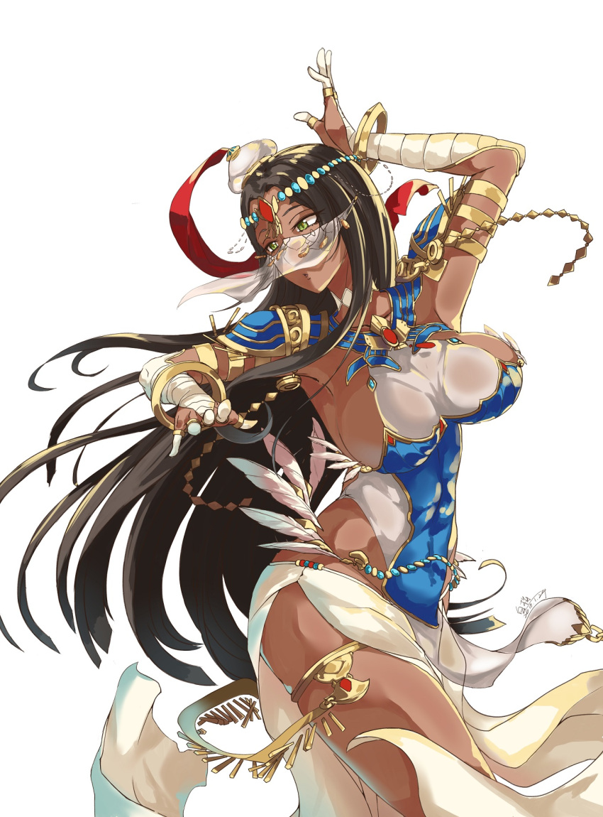 1girl, armlet, bandage, bandaged_arm, belly_chain, black_hair, bracelet, breasts