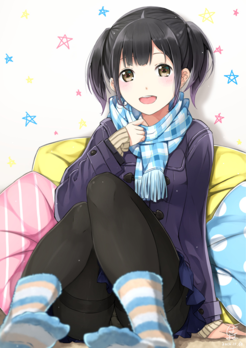 1girl, arm_support, artist_name, bangs, bashosho, black_coat, black_hair, black_legwear, blue_scarf, blurry, blurry_foreground, brown_eyes, dated, depth_of_field, highres, layered_legwear, long_sleeves, looking_at_viewer, no_shoes, open_mouth, original, panties, panties_under_pantyhose, pantyhose, pantyshot, pantyshot_(sitting), pillow, plaid, plaid_scarf, scarf, school_uniform, short_hair, signature, sitting, smile, socks, socks_over_pantyhose, solo, star, striped, striped_legwear, thighband_pantyhose, underwear, uniform