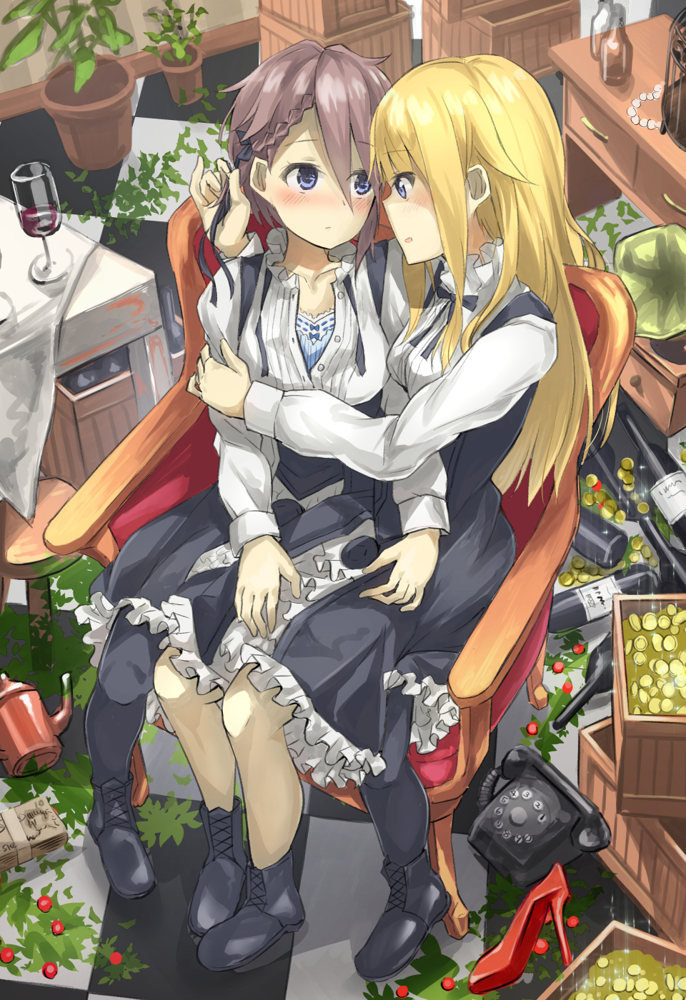2girls, ange_(princess_principal), bad_perspective, black_footwear, blonde_hair, blue_eyes, blush, bottle