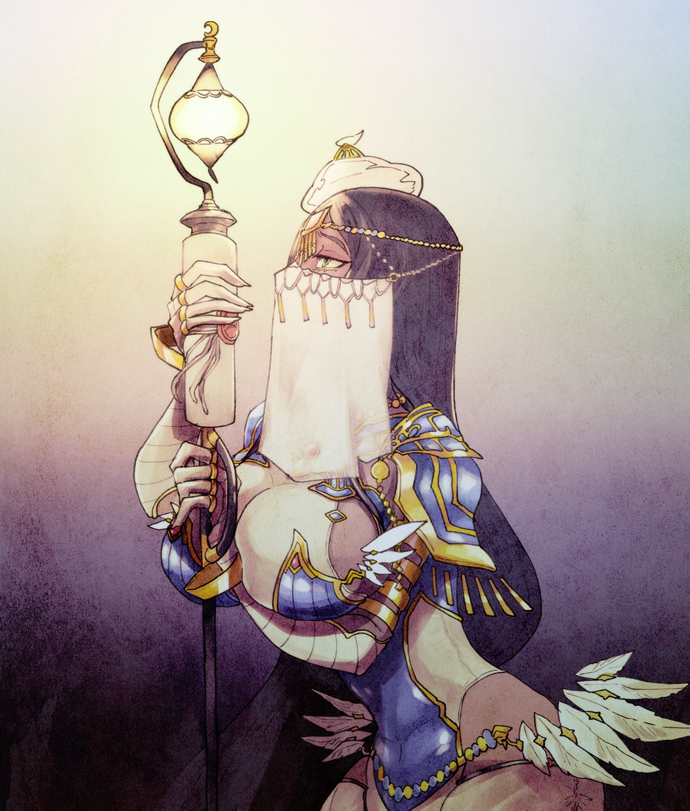 1girl, bandage, bandaged_arm, belly_chain, black_hair, breasts, circlet, dark_skin