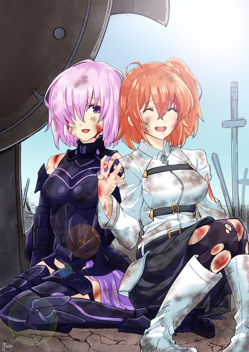 2girls, absurdres, after_battle, bleeding, blood, boots, bruise, closed_eyes