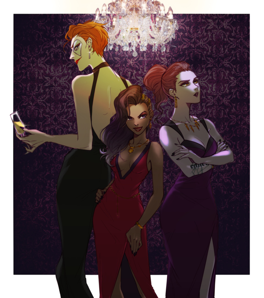 3girls, back, backless_outfit, black_hair, bracelet, breasts, chandelier, cleavage