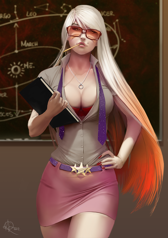 1girl, belt, belt_buckle, blonde_hair, blurry, bra, breasts, buckle, chalkboard, cleavage, depth_of_field, glowing, glowing_eyes, gradient_hair, hand_on_hip, jewelry, karl_liversidge, large_breasts, long_hair, miniskirt, mole, mouth_hold, multicolored_hair, nail_polish, necklace, necktie, notebook, orange_hair, original, pencil, red_bra, skirt, solo, sun-sensei, sunglasses, underwear, zodiac