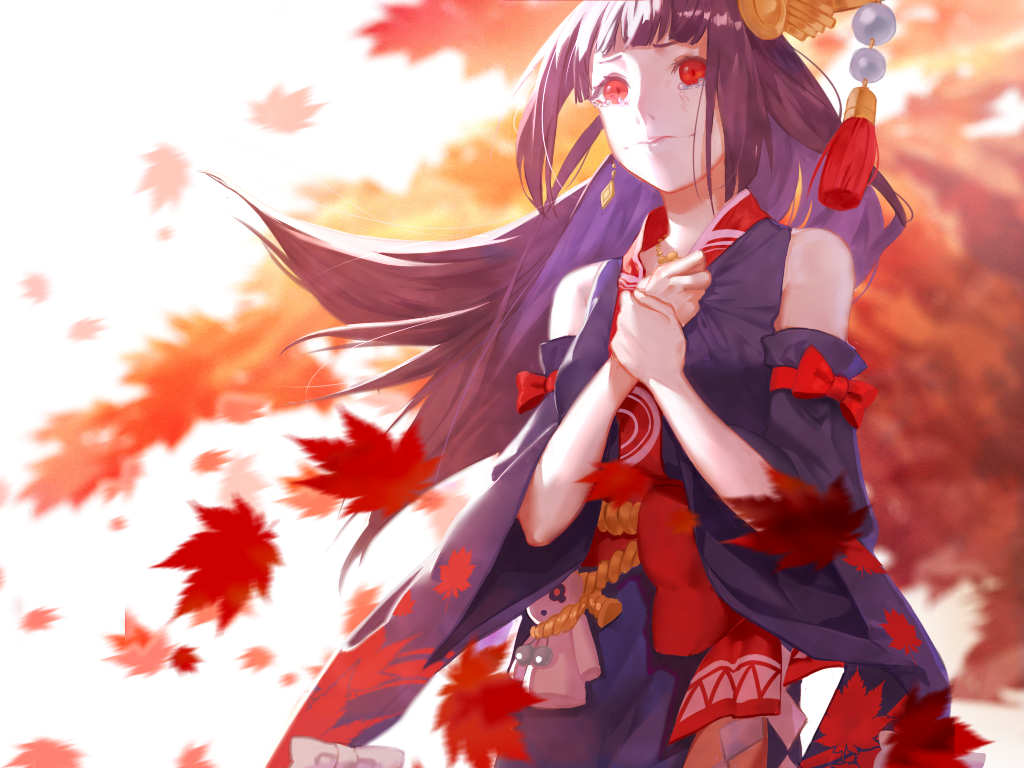 1girl, brown_hair, crying, hair_ornament, japanese_clothes, leaf, long_hair, momiji_(onmyoji)