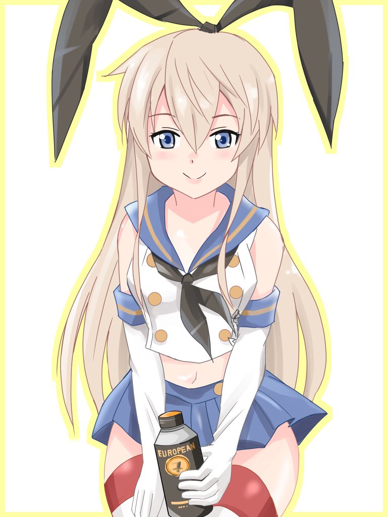 1girl, anchor_hair_ornament, animal_ears, blonde_hair, bottle, commentary_request, cowboy_shot, elbow_gloves, fake_animal_ears, gloves, green_eyes, hair_between_eyes, hair_ornament, hairband, holding, holding_bottle, inoue_kousei, kantai_collection, long_hair, midriff, navel, neckerchief, rabbit_ears, school_uniform, serafuku, shimakaze_(kantai_collection), sleeveless, smile, solo, striped, striped_legwear, thigh-highs, white_background