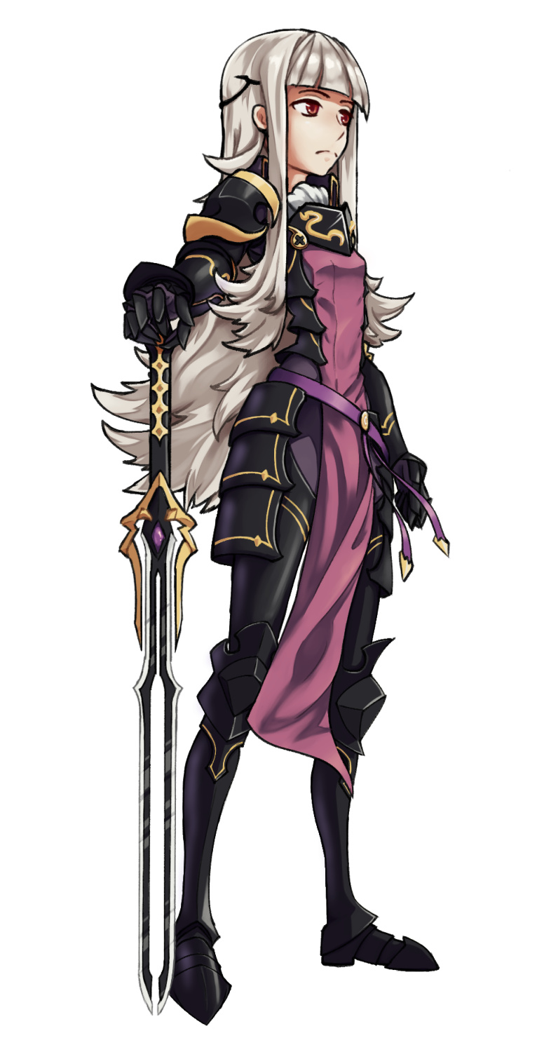 1girl, armor, artist_request, cape, circlet, cosplay, crown, fire_emblem, fire_emblem_heroes, fire_emblem_if, full_body, grey_hair, highres, long_hair, marks_(fire_emblem_if), marks_(fire_emblem_if)_(cosplay), red_eyes, siegfried_(sword), solo, sword, veronica_(fire_emblem), weapon