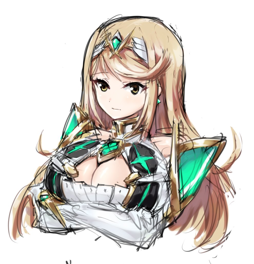 1girl, armor, blonde_hair, breasts, cleavage, dress, gloves, mythra_(xenoblade)