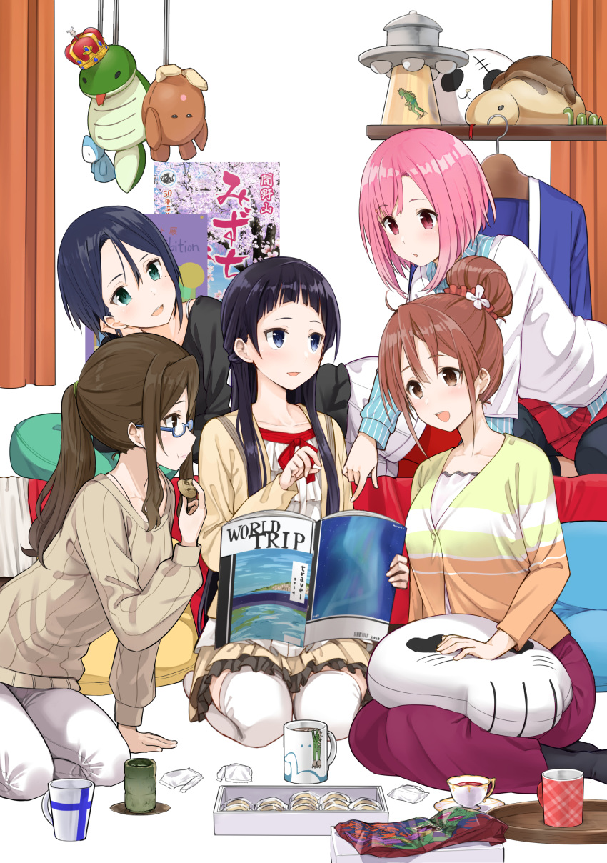 5girls, :d, absurdres, bangs, bike_shorts, black_legwear, black_shirt, blue_eyes