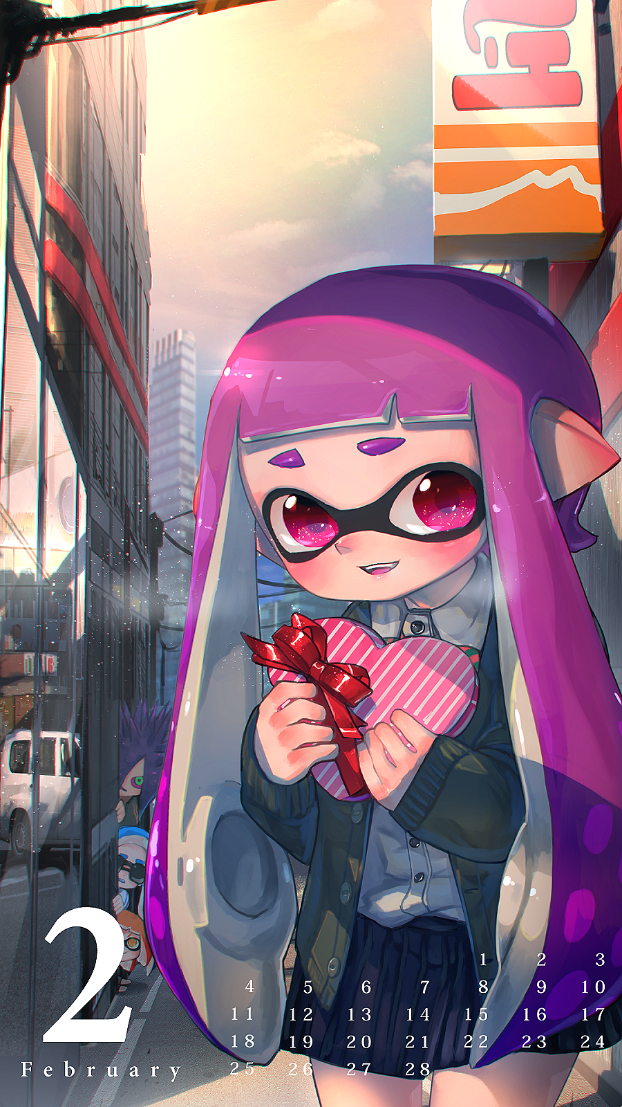 1boy, 3girls, :d, all_fours, bangs, black_eyes, black_skirt, blue_hair, blunt_bangs, breath, building, buttons, calendar, car, cardigan, chromatic_aberration, closed_mouth, clouds, cloudy_sky, commentary_request, cowboy_shot, daunii_(splatoon), day, domino_mask, dress_shirt, february, gift, glass, green_cardigan, green_sclera, ground_vehicle, hair_over_one_eye, heart-shaped_box, highres, holding, holding_gift, inkling, kashu_(hizake), long_hair, long_sleeves, looking_at_another, looking_at_viewer, mask, medium_skirt, motor_vehicle, multiple_girls, number, open_mouth, orange_eyes, orange_hair, outdoors, peeping, pointy_ears, power_lines, purple_hair, red_ribbon, reflection, ribbon, road, shiny, shiny_hair, shirt, short_eyebrows, short_hair, skirt, sky, skyscraper, smile, splatoon, splatoon_2, standing, striped, striped_neckwear, sunglasses, sunlight, telephone_pole, tentacle_hair, town, unbuttoned, white_shirt