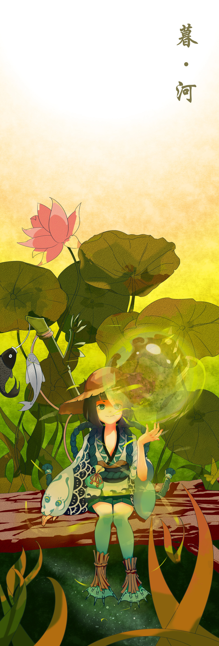 1boy, absurdres, black_hair, blue_eyes, bubble, fish, flower, grass