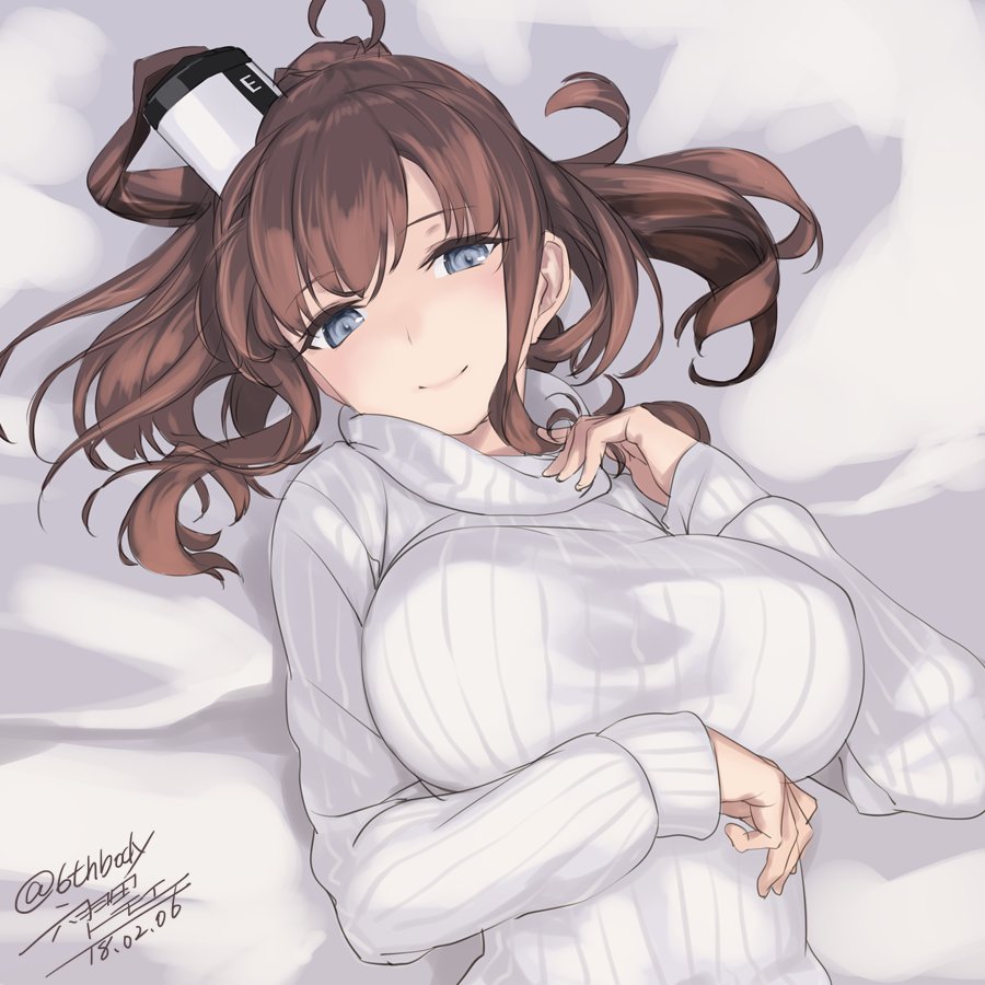1girl, alternate_costume, artist_name, bed_sheet, blue_eyes, breasts, brown_hair, dated
