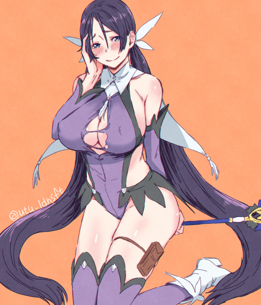 1girl, bare_shoulders, blue_eyes, boots, breasts, commentary_request, cosplay, detached_sleeves