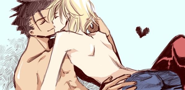 belt, black_hair, blonde_hair, couple, fay_d_flourite, inma_(artist), kiss, kurofay, kurogane, male, short_hair, topless, yaoi