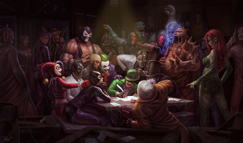 6+boys, 6+girls, andy_timm, animal_ears, armor, bald, bandage, bandages_on_face, bane, batman, batman_(series), batman_returns, beard, black_mask_(batman), blue_eyes, blurry, bowler_hat, cat_ears, catsuit, catwoman, chattering_teeth, clayface, coat, corset, dc_comics, deadshot, deathstroke, depth_of_field, domino_mask, everyone, facial_hair, fine_art_parody, fingerless_gloves, formal, gloves, green_hair, green_skin, harley_quinn, hat, highres, hood, hugo_strange, hush_(batman), jason_todd, killer_croc, knife, lady_shiva, long_hair, man-bat, mask, monocle, mr._freeze, multiple_boys, multiple_girls, muscle, necktie, open_mouth, parody, phantasm_(batman), pipe, poison_ivy, quill, ra's_al_ghul, red_eyes, red_hood_(dc), redhead, reply_of_the_zaporozhian_cossacks, scar, scarecrow_(batman), sharp_teeth, shirtless, sitting, standing, suit, table, talia_al_ghul, tally, teeth, the_joker, the_penguin, the_riddler, top_hat, two-face, victor_zsasz