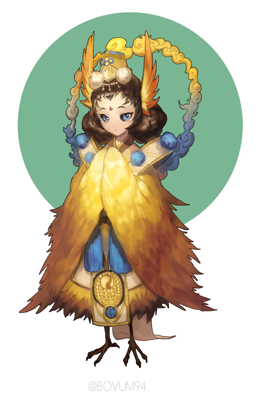 1girl, artist_name, black_sclera, blue_eyes, bovum94, brown_hair, curly_hair, doujo_(onmyoji)