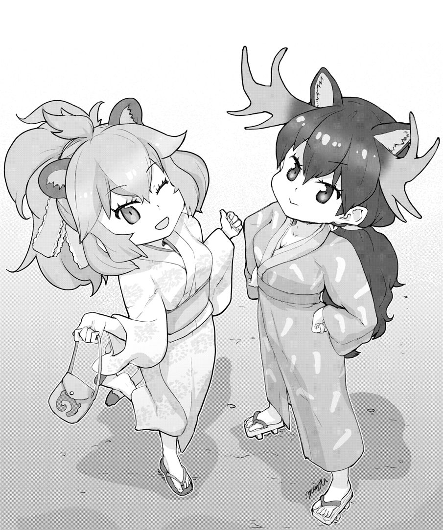 2girls, :>, alternate_hairstyle, animal_ears, antlers, bag, commentary_request, greyscale