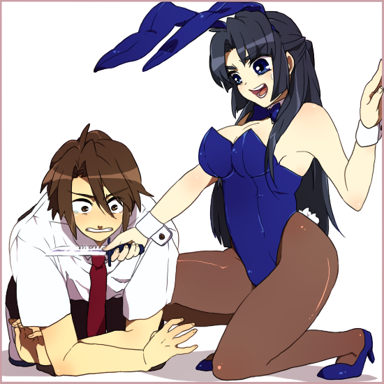 animal_ears, asakura_ryouko, blue_eyes, blue_hair, breasts, bunny_ears, bunnysuit, cleavage, knife, koizumi_itsuki, long_hair, pantyhose, rabbit_ears, school_uniform, suzumiya_haruhi_no_yuuutsu, tashimo